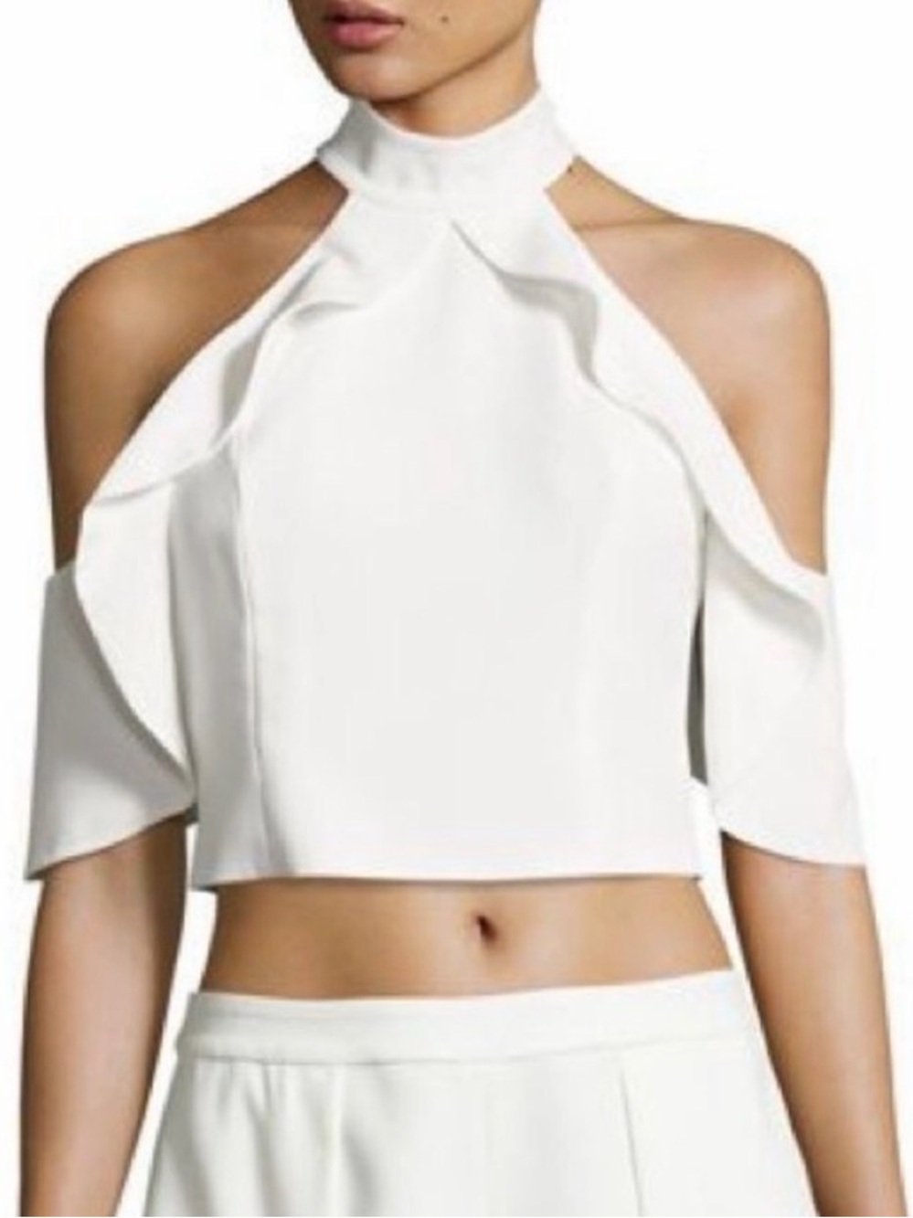 Alice + Olivia White Cold-Shoulder Ruffle Mock Neck Blouse